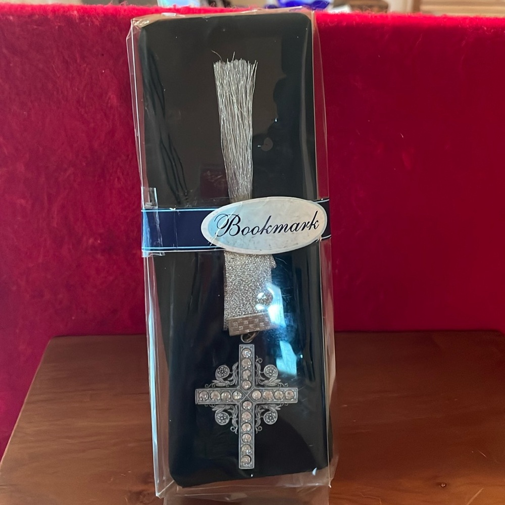 Greenbriar International Cross Bookmark Jeweled Tasseled Silver w/Clear Gemstone